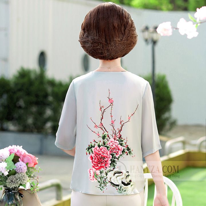 Bộ trung niên nữ tay lỡ in hoa mẫu đơn