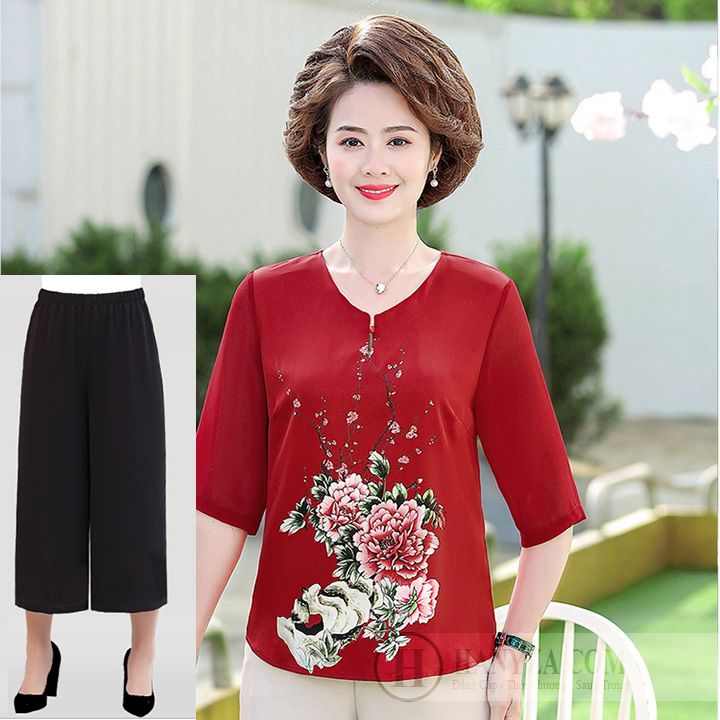 Bộ trung niên nữ tay lỡ in hoa mẫu đơn
