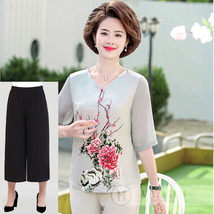 Bộ trung niên nữ tay lỡ in hoa mẫu đơn