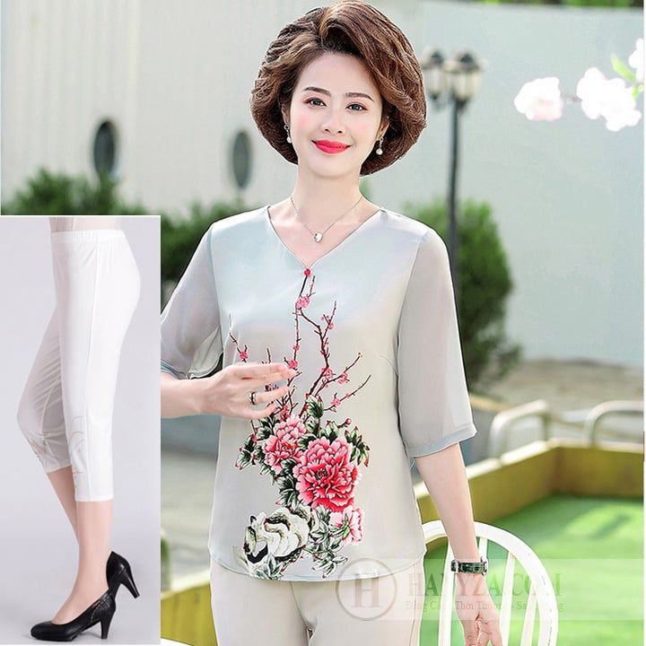 Bộ trung niên nữ tay lỡ in hoa mẫu đơn