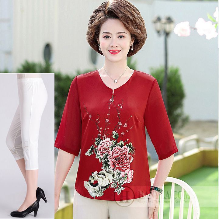 Bộ trung niên nữ tay lỡ in hoa mẫu đơn