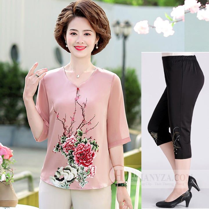 Bộ trung niên nữ tay lỡ in hoa mẫu đơn