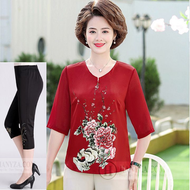 Bộ trung niên nữ tay lỡ in hoa mẫu đơn