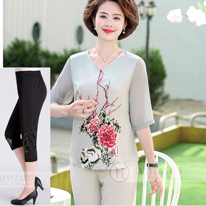 Bộ trung niên nữ tay lỡ in hoa mẫu đơn
