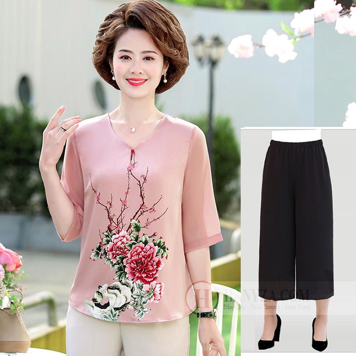 Bộ trung niên nữ tay lỡ in hoa mẫu đơn
