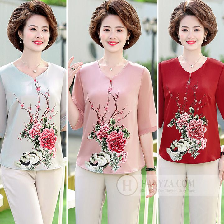 Bộ trung niên nữ tay lỡ in hoa mẫu đơn