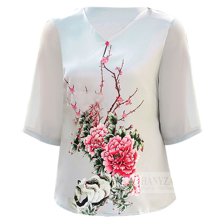 Bộ trung niên nữ tay lỡ in hoa mẫu đơn