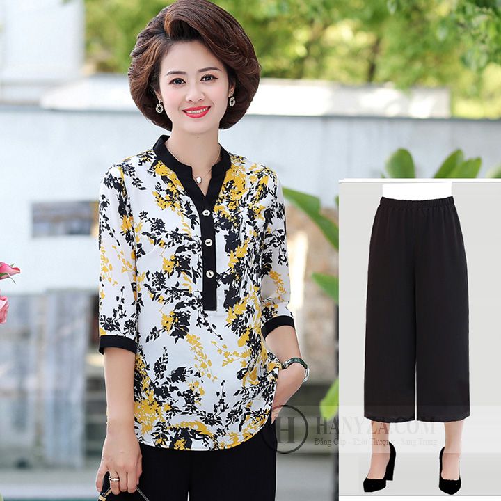 Bộ Trung niên nữ cổ tàu tay lỡ in hoa lá