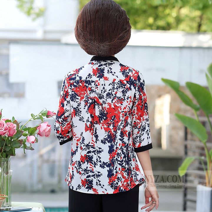 Bộ Trung niên nữ cổ tàu tay lỡ in hoa lá