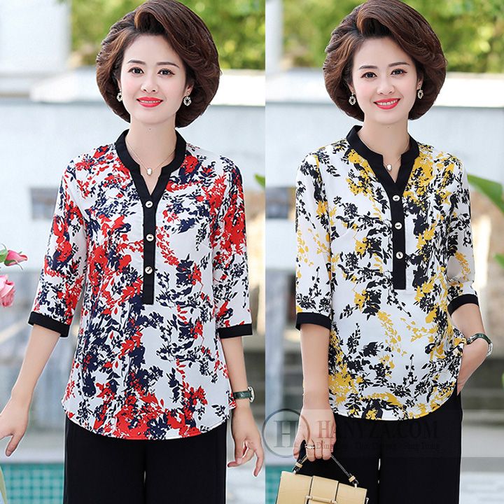 Bộ Trung niên nữ cổ tàu tay lỡ in hoa lá