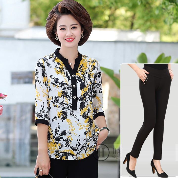 Bộ Trung niên nữ cổ tàu tay lỡ in hoa lá
