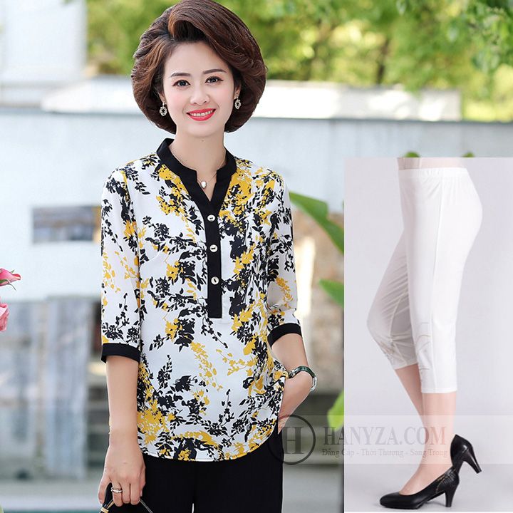 Bộ Trung niên nữ cổ tàu tay lỡ in hoa lá