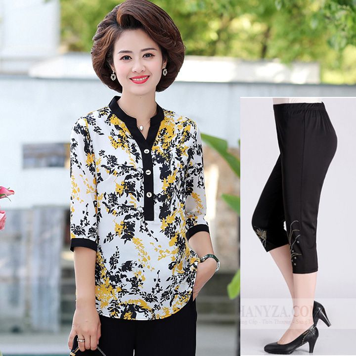 Bộ Trung niên nữ cổ tàu tay lỡ in hoa lá