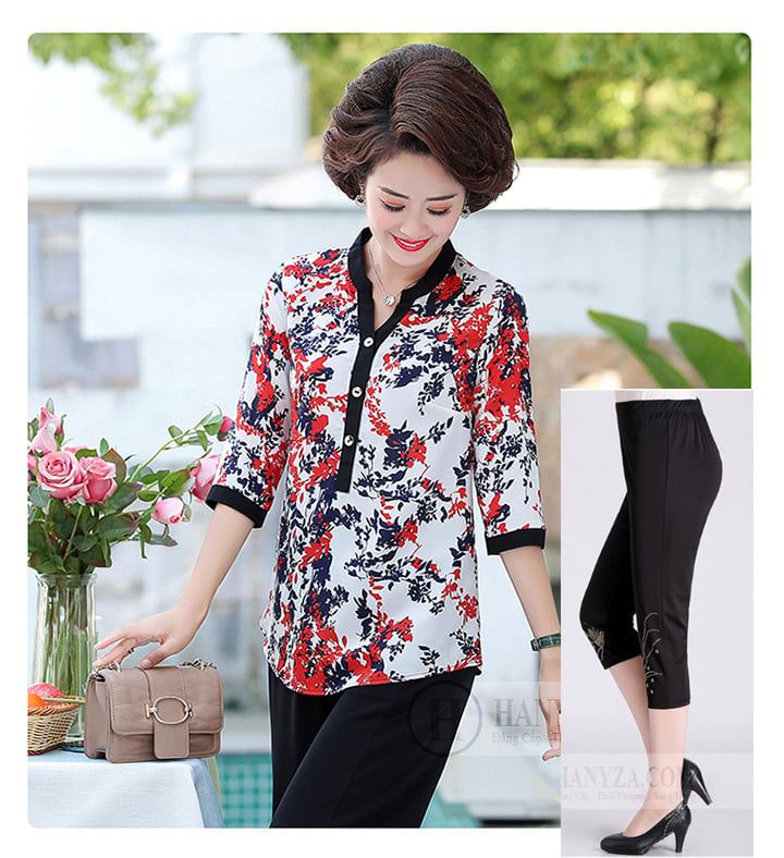 Bộ Trung niên nữ cổ tàu tay lỡ in hoa lá