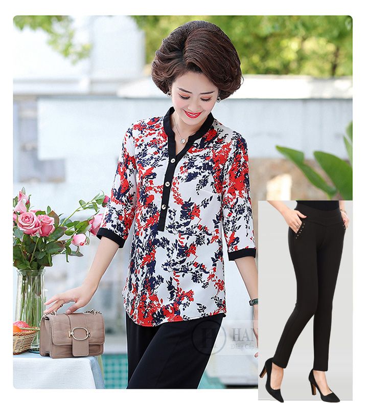 Bộ Trung niên nữ cổ tàu tay lỡ in hoa lá