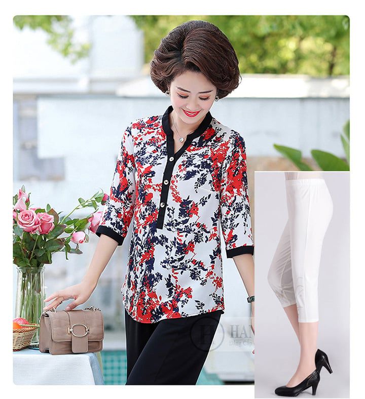 Bộ Trung niên nữ cổ tàu tay lỡ in hoa lá