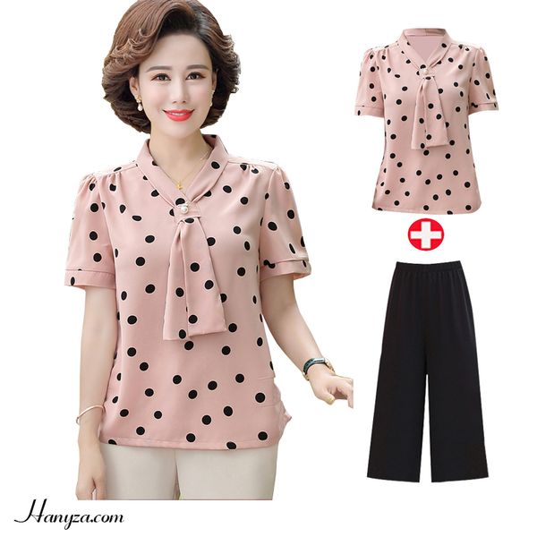 Bộ trung niên nữ cổ nơ chấm bi
