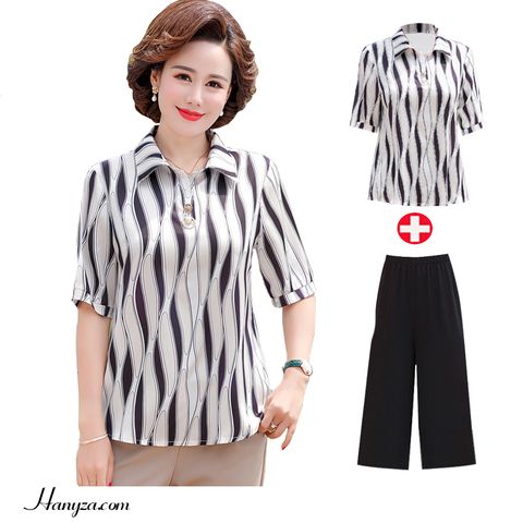 Bộ trung niên nữ tay lỡ cổ bẻ phối sóng màu