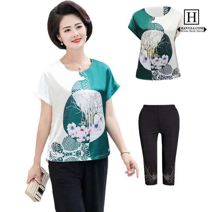Bộ trung niên ngắn tay nữ in hình hoa păng-xê