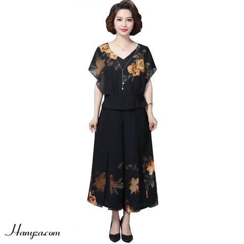 Bộ voan 2 lớp quần ống rộng tay cánh tiên in hoa