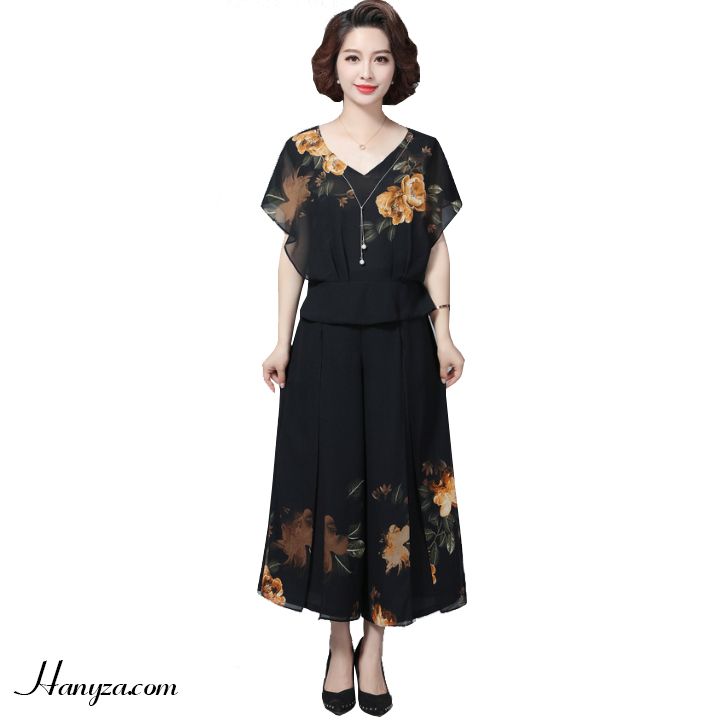 Bộ voan 2 lớp quần ống rộng tay cánh tiên in hoa