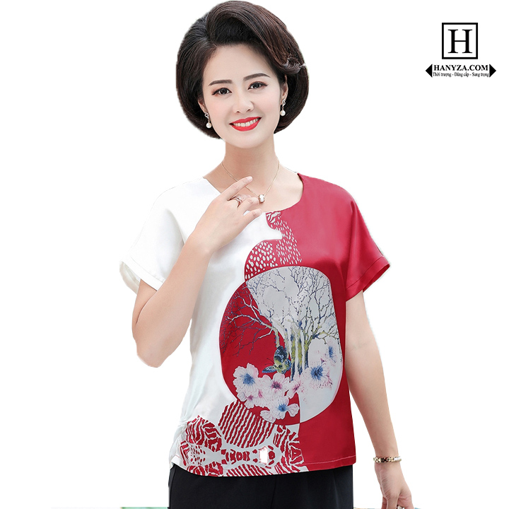 Bộ trung niên ngắn tay nữ in hình hoa păng-xê