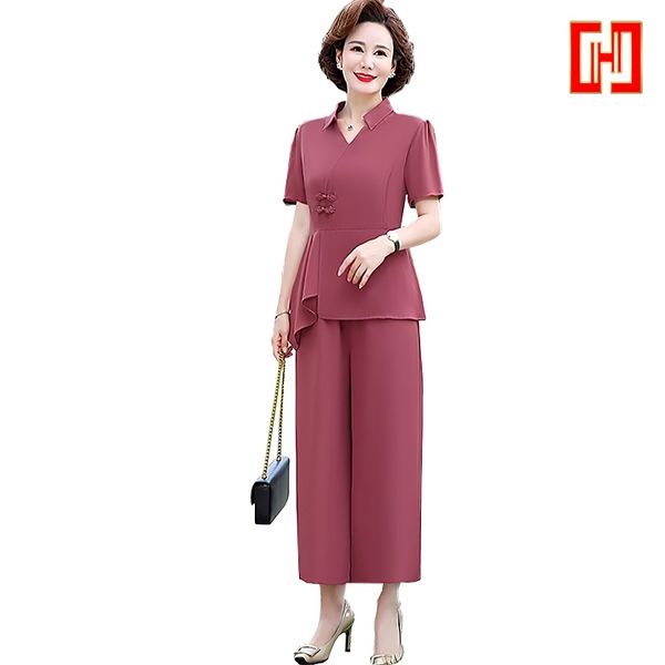 Bộ quần áo trung niên nữ cổ trụ vạt xoè cách điệu