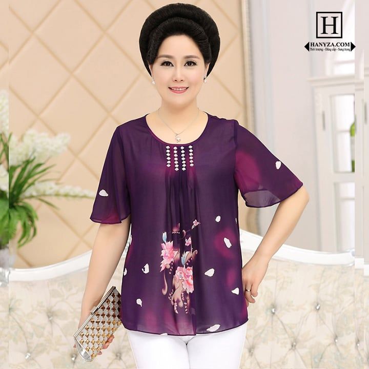 Bộ trung niên nữ cổ tròn đính cườm in hoa