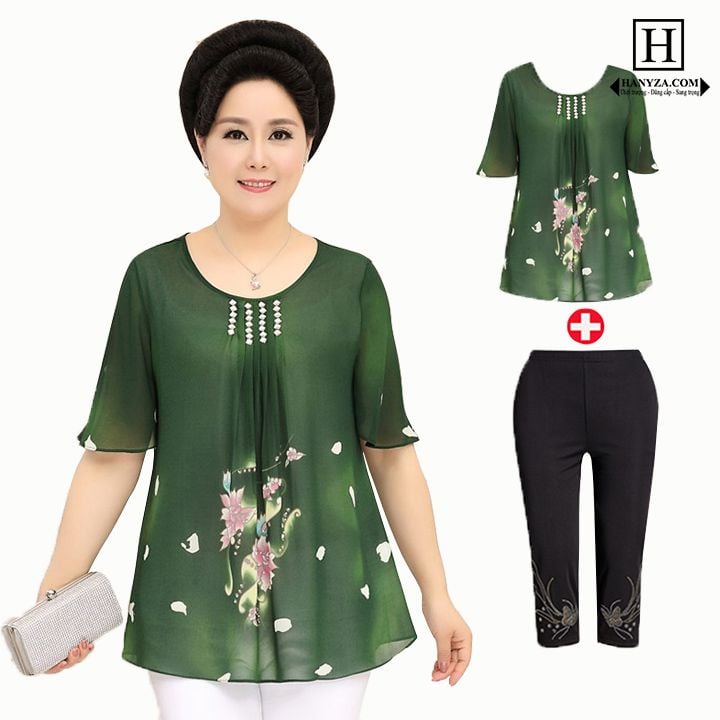Bộ trung niên nữ cổ tròn đính cườm in hoa