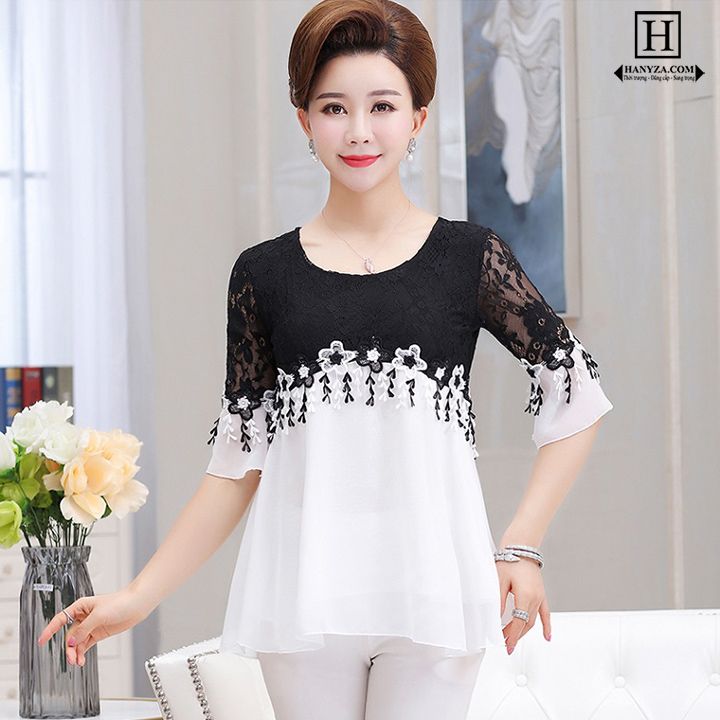 Bộ trung niên nữ phối ren hoa tay lỡ