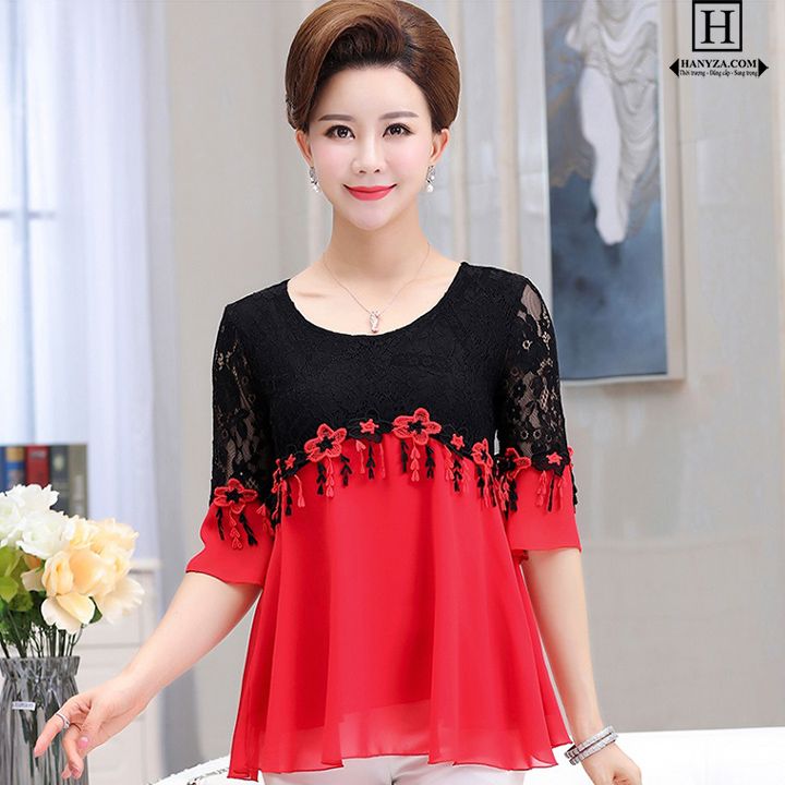 Bộ trung niên nữ phối ren hoa tay lỡ