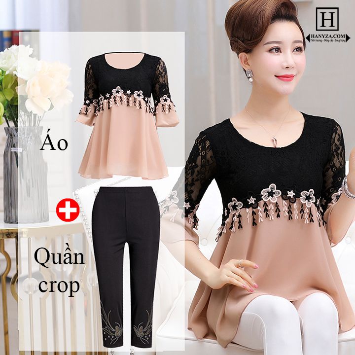 Bộ trung niên nữ phối ren hoa tay lỡ