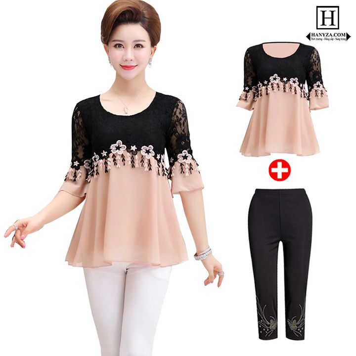 Bộ trung niên nữ phối ren hoa tay lỡ