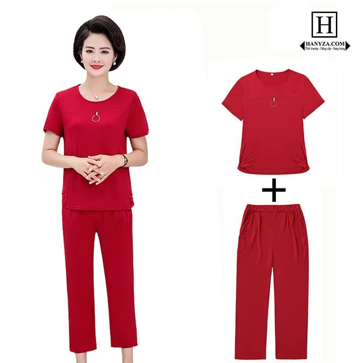 Bộ trung niên nữ 2 mảnh cổ tròn họa tiết trơn