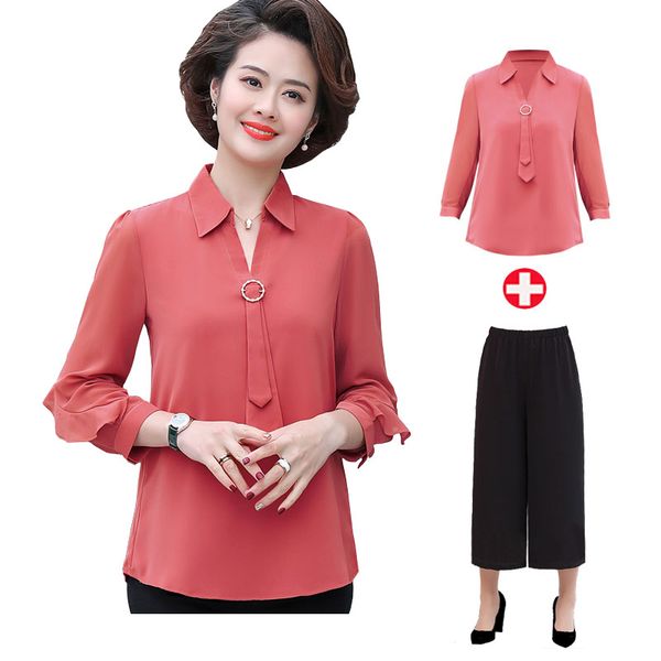Bộ trung niên nữ tay lỡ cổ bẻ phối dải nơ