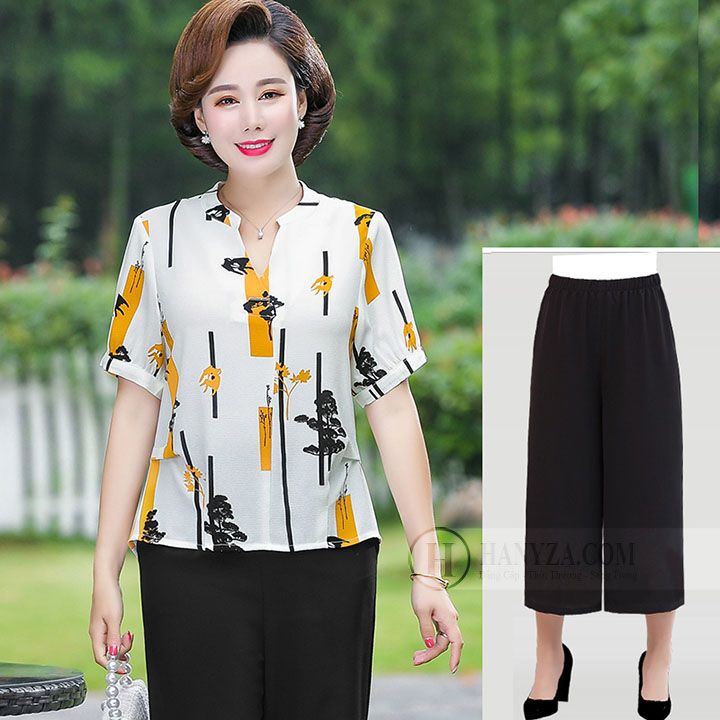 Bộ trung niên nữ 2 mảnh phối họa tiết