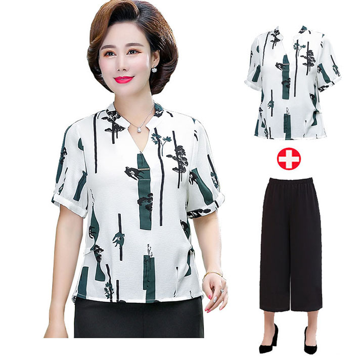 Bộ trung niên nữ 2 mảnh phối họa tiết