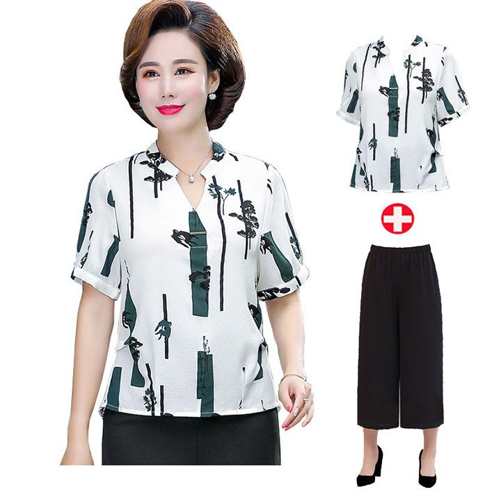 Bộ trung niên nữ 2 mảnh phối họa tiết