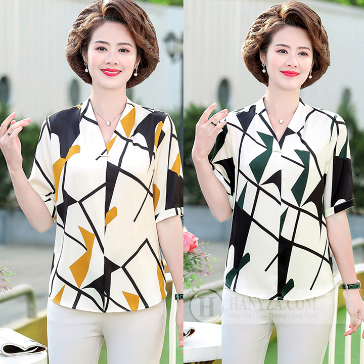 Bộ trung niên nữ phối màu cổ chữ V