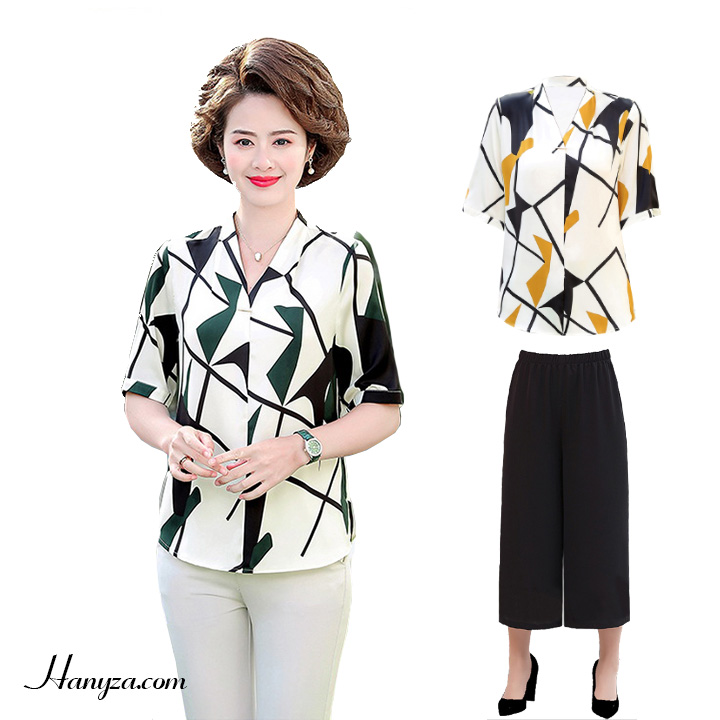 Bộ trung niên nữ phối màu cổ chữ V