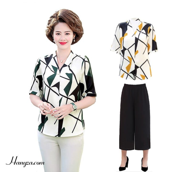 Bộ trung niên nữ phối màu cổ chữ V