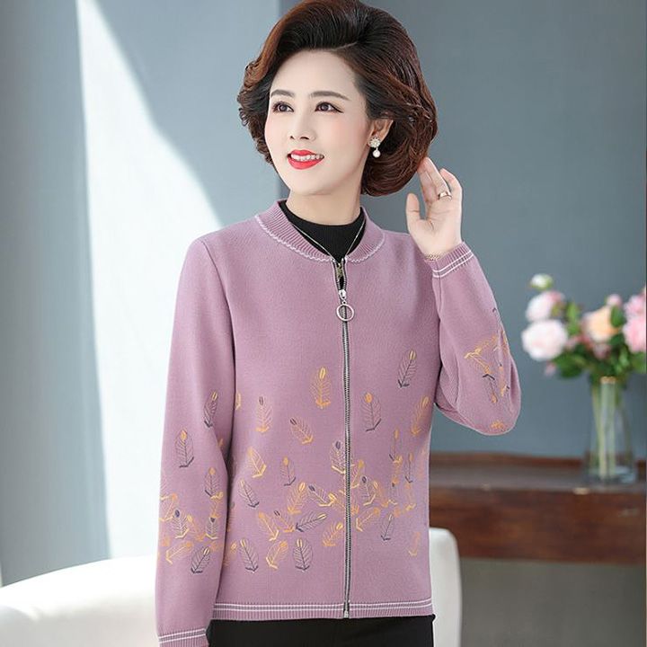 Áo len dệt kim trung niên nữ thêu lá