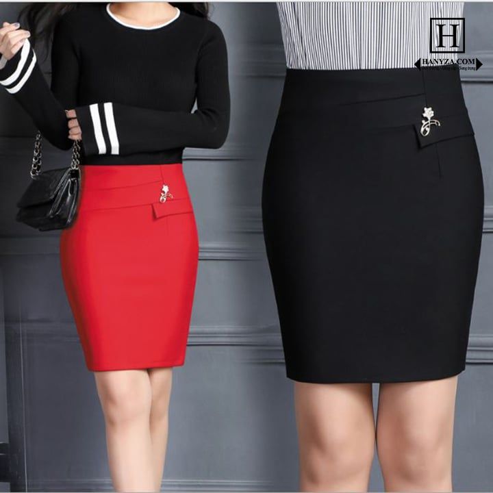 Váy nữ công sở phối túi giả cài hoa