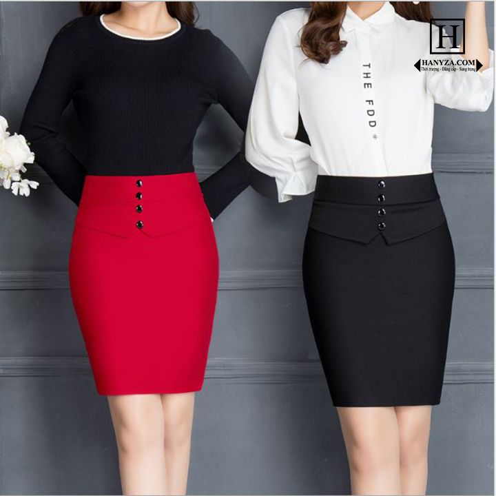 Chân váy nữ công sở eo cao phối cúc giả