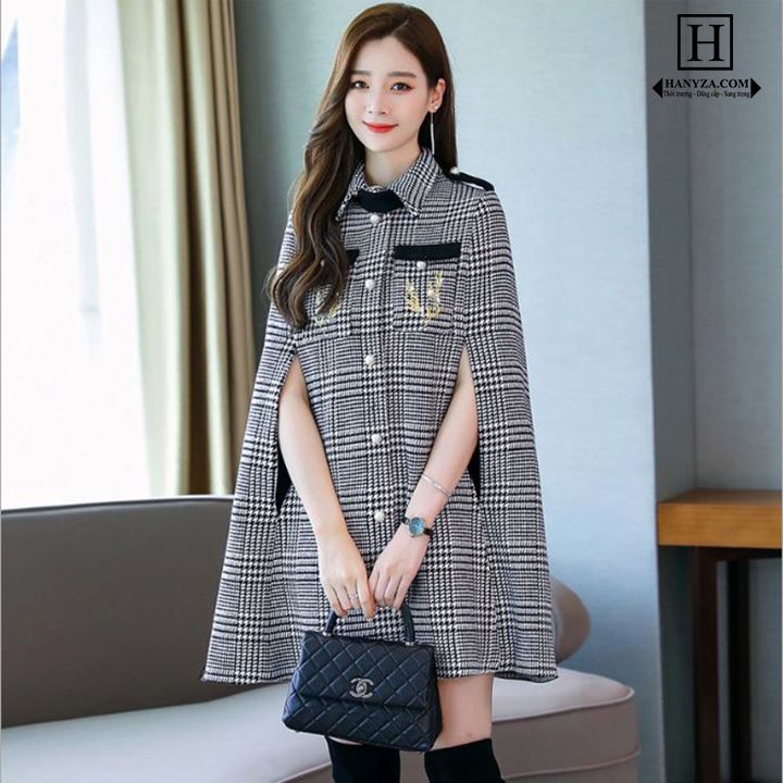Áo choàng dạ nữ dáng rộng dấu tay