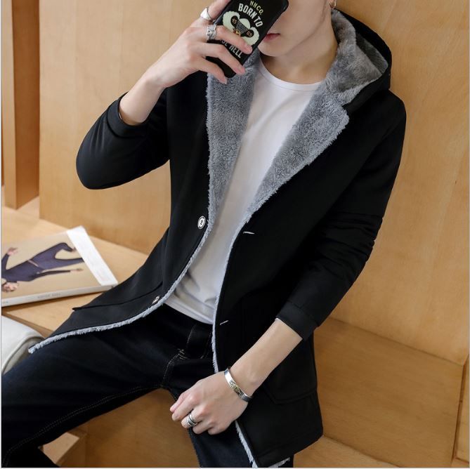 Áo khoác nam dáng dài lót nỉ cổ vest có mũ