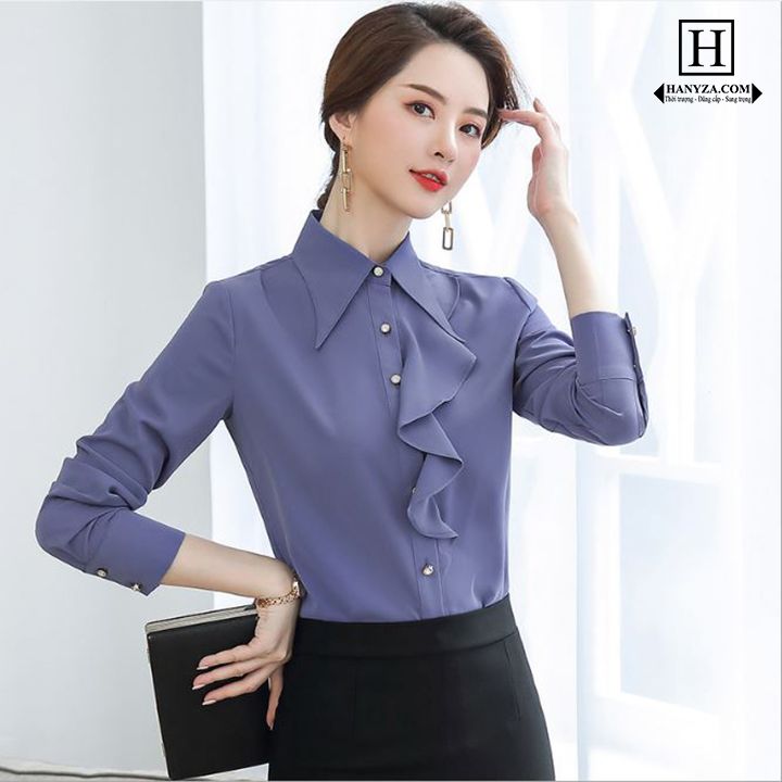 Áo sơ mi nữ Slim in cổ phối viền bèo