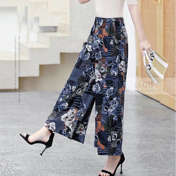 Quần giả váy nữ trung niên eo cao in hoa