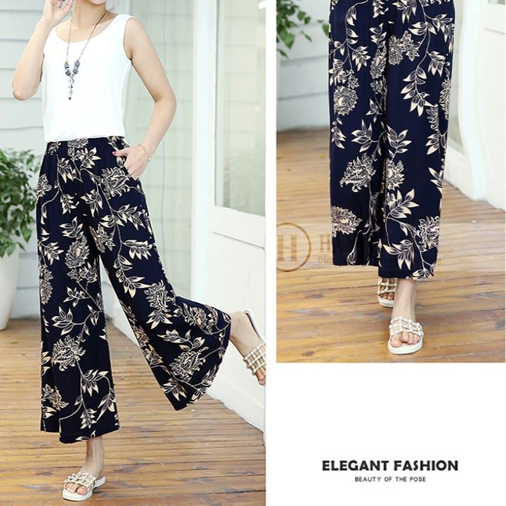 Quần giả váy nữ trung niên eo cao in hoa