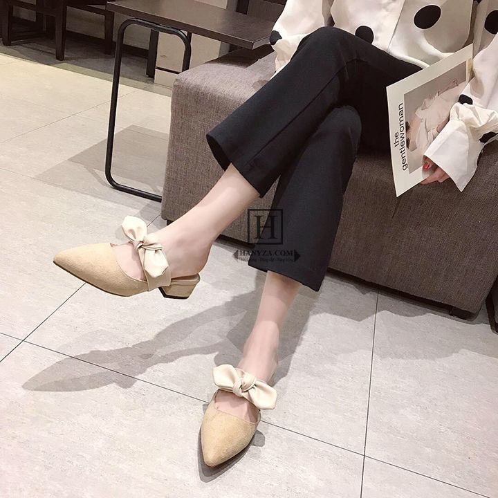 Dép lười nữ da lộn phối nơ
